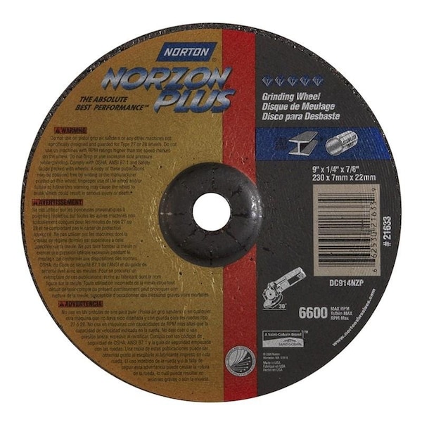Norton Co Grinding Wheel, Depressed Center, Type 27 - Metal - NorZon Plus, 9 x 1/4 x 7/8, Max RPM: 6600 662530-21633 - main